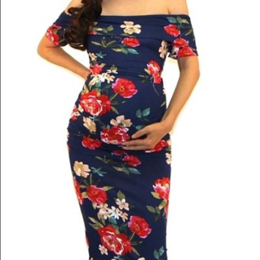 NWT FLORAL NAVY BLUE OFF SHOULDER DRESS MATERNITY